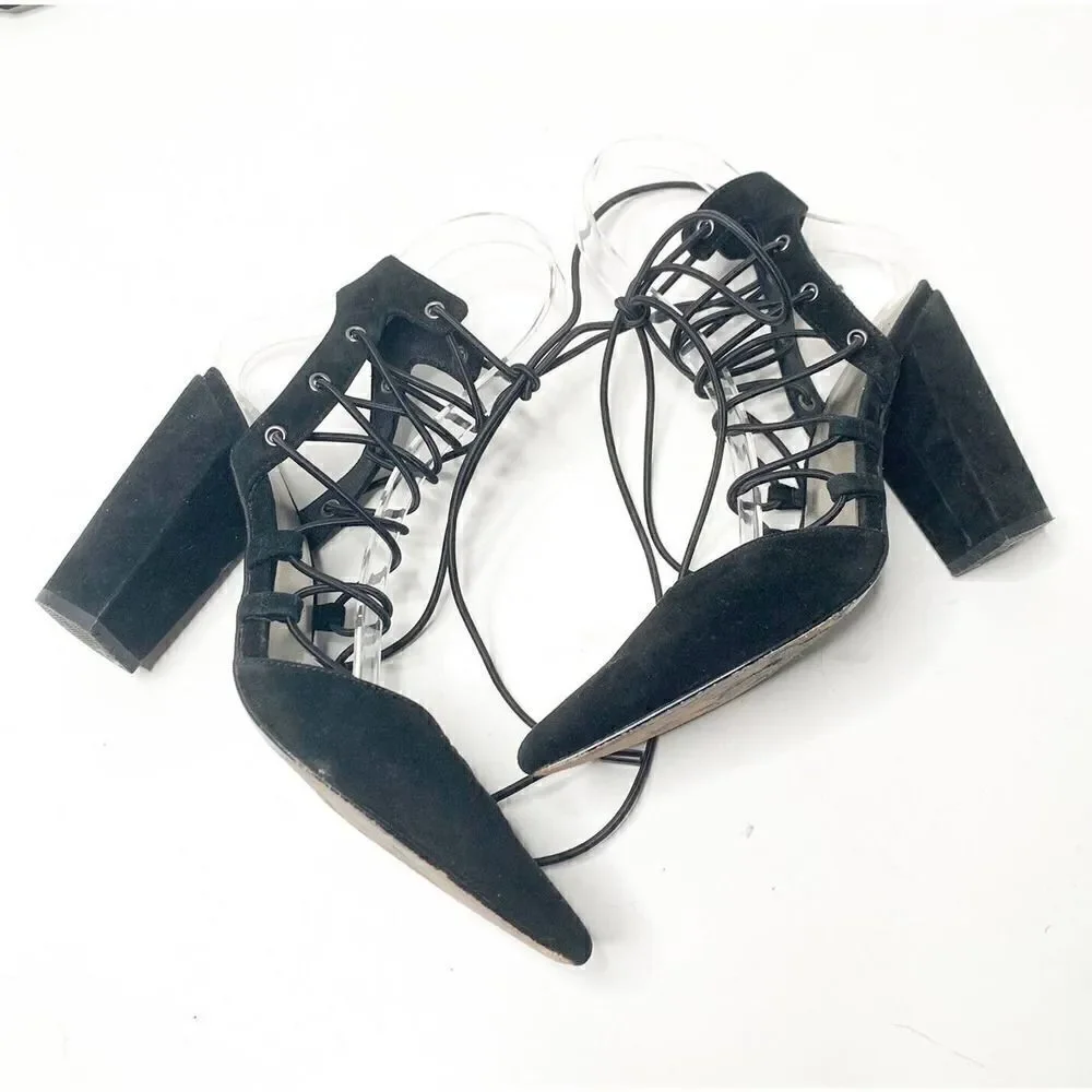 Marciano Shoes Women’s Black Suede Leather Pmamelia Lace Up Block Heel Size 6/36